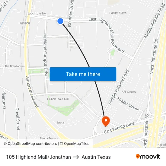 105 Highland Mall/Jonathan to Austin Texas map