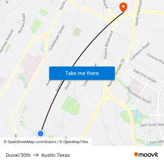 Duval/30th to Austin Texas map