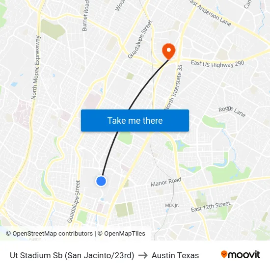 Ut Stadium Sb (San Jacinto/23rd) to Austin Texas map