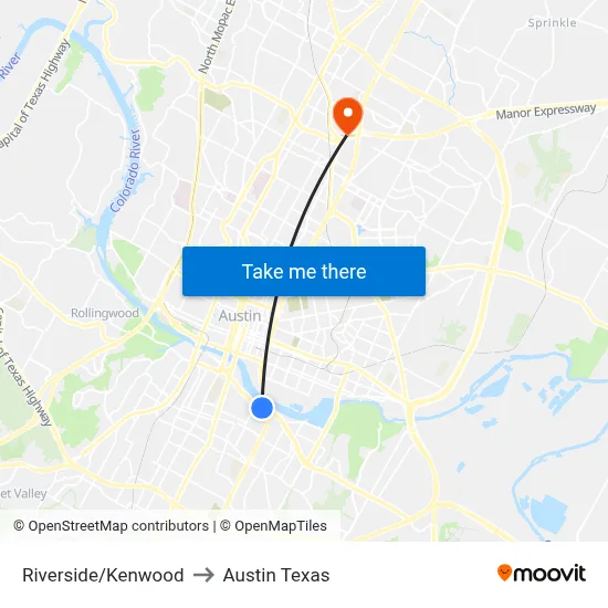 Riverside/Kenwood to Austin Texas map