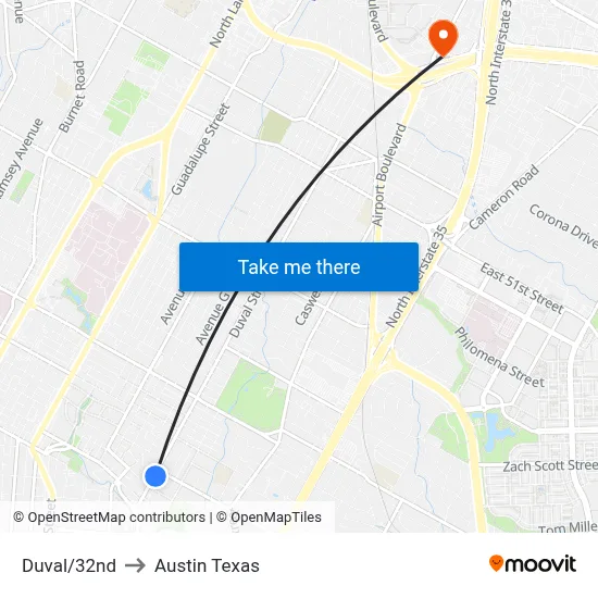 Duval/32nd to Austin Texas map
