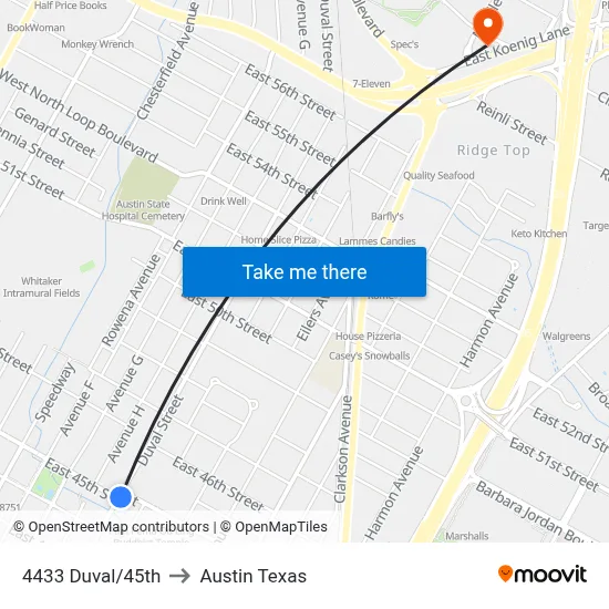 4433 Duval/45th to Austin Texas map