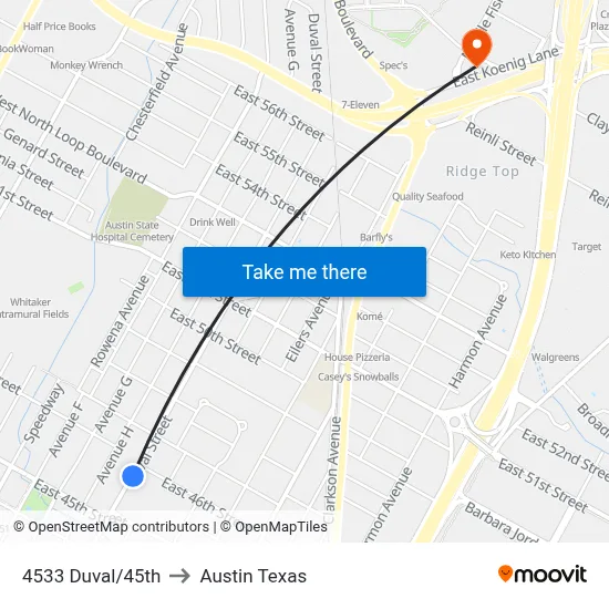 4533 Duval/45th to Austin Texas map