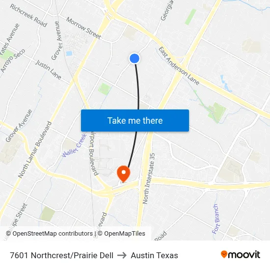 7601 Northcrest/Prairie Dell to Austin Texas map
