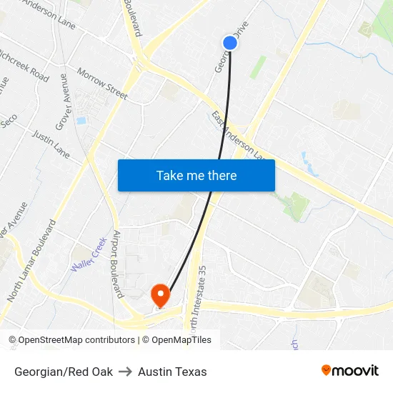 Georgian/Red Oak to Austin Texas map