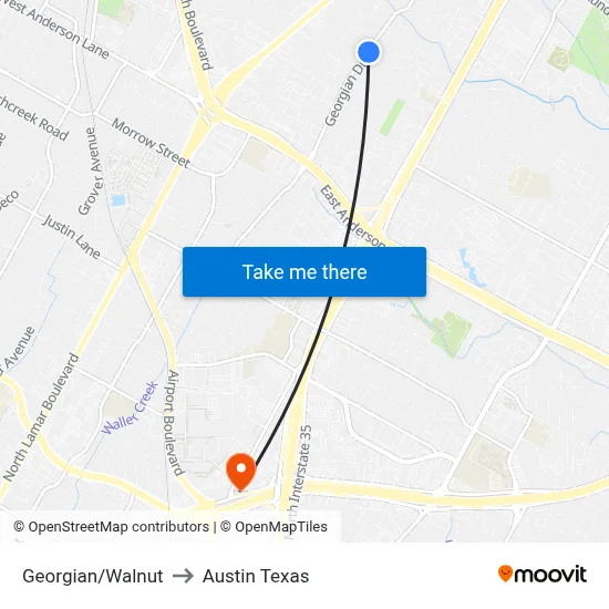 Georgian/Walnut to Austin Texas map