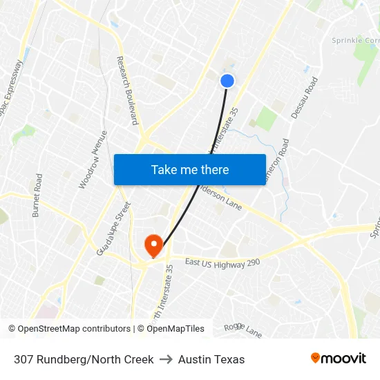 Rundberg/Northcreek to Austin Texas map