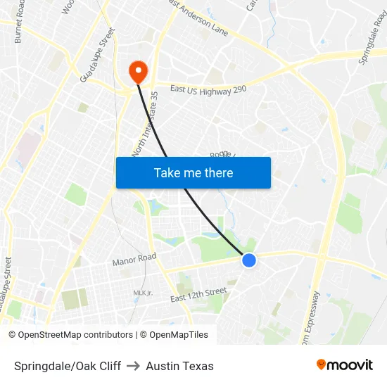 Springdale/Oak Cliff to Austin Texas map