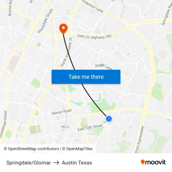 Springdale/Glomar to Austin Texas map