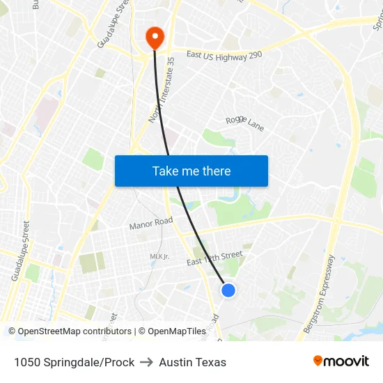 1050 Springdale/Prock to Austin Texas map