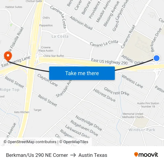 Berkman/Us 290 NE Corner to Austin Texas map