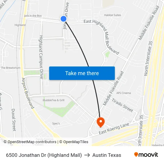 6500 Jonathan Dr (Highland Mall) to Austin Texas map
