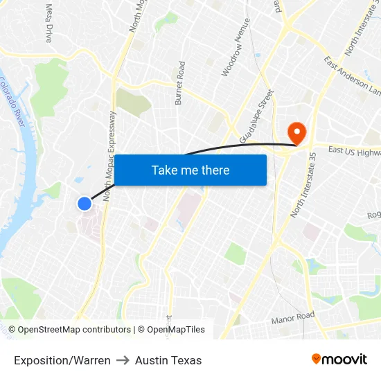 Exposition/Warren to Austin Texas map