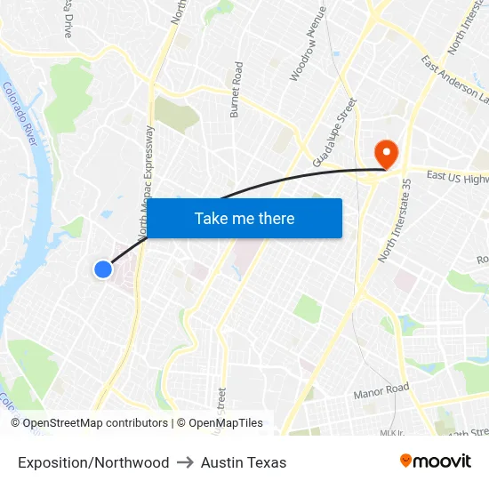 Exposition/Northwood to Austin Texas map