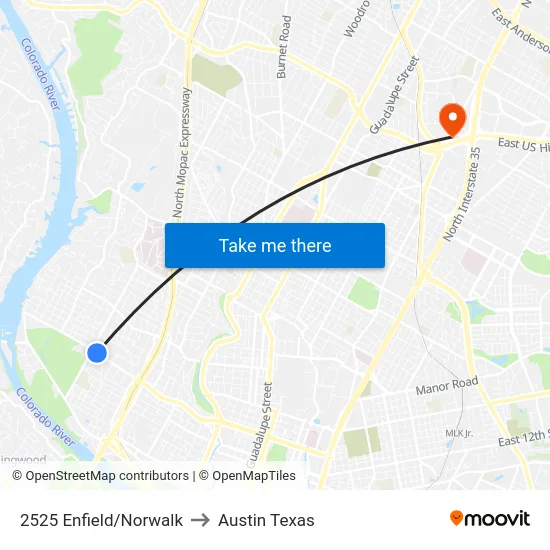 2525 Enfield/Norwalk to Austin Texas map