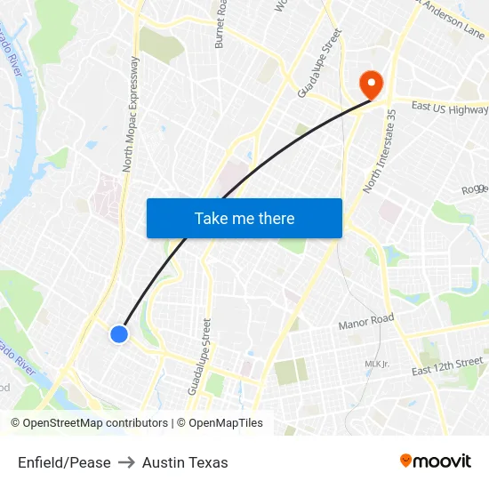 Enfield/Pease to Austin Texas map