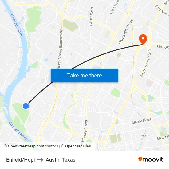 Enfield/Hopi to Austin Texas map