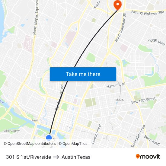 301 S 1st/Riverside to Austin Texas map