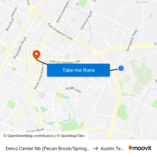 Delco Center Nb (Pecan Brook/Springdale) to Austin Texas map