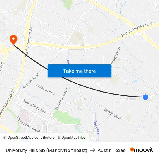 University Hills Sb (Manor/Northeast) to Austin Texas map