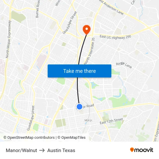 Manor/Walnut to Austin Texas map