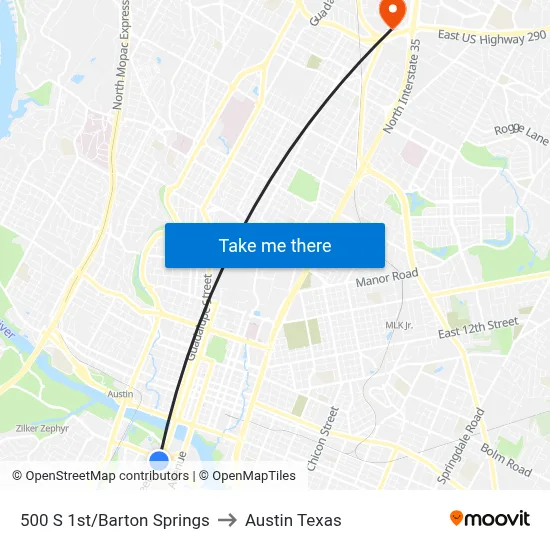 500 S 1st/Barton Springs to Austin Texas map