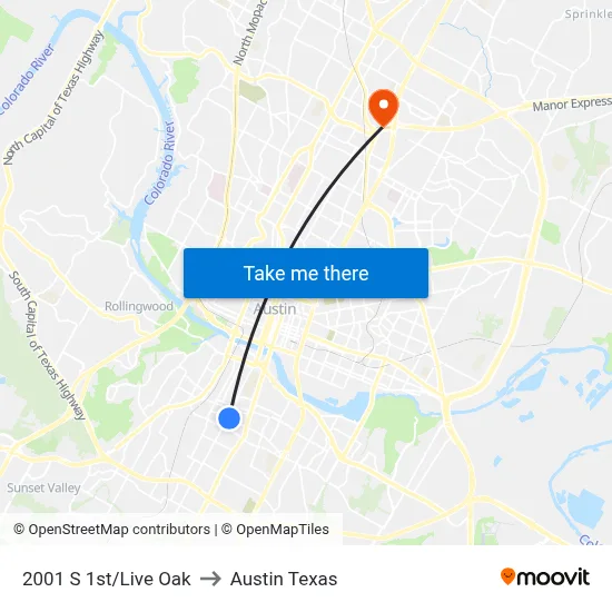 2001 S 1st/Live Oak to Austin Texas map