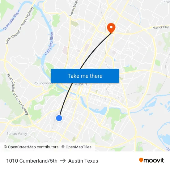 1010 Cumberland/5th to Austin Texas map