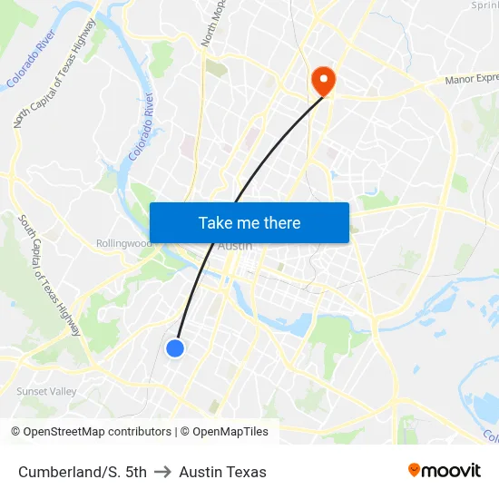 Cumberland/S. 5th to Austin Texas map