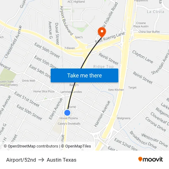 Airport/52nd to Austin Texas map