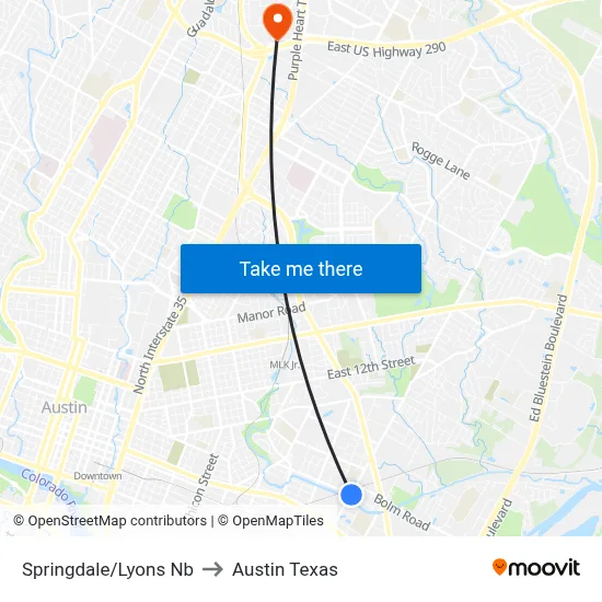 Springdale/Lyons Nb to Austin Texas map