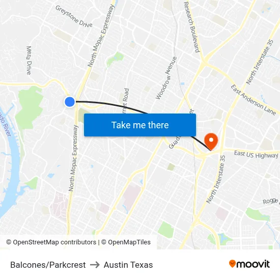 Balcones/Parkcrest to Austin Texas map