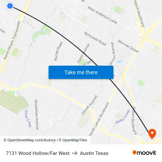 7131 Wood Hollow/Far West to Austin Texas map