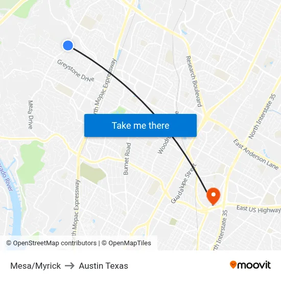 Mesa/Myrick to Austin Texas map