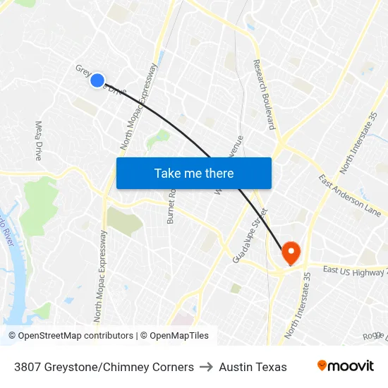 3807 Greystone/Chimney Corners to Austin Texas map