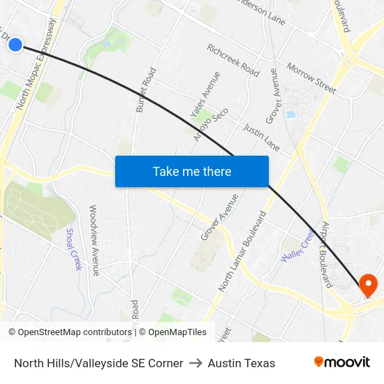 North Hills/Valleyside SE Corner to Austin Texas map