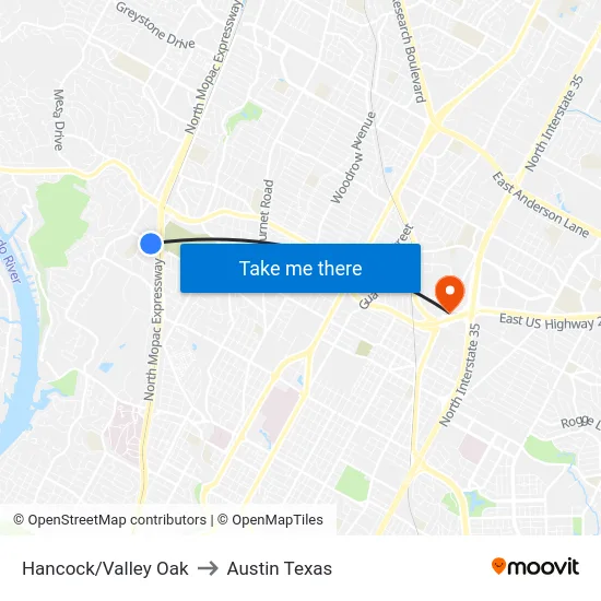 Hancock/Valley Oak to Austin Texas map