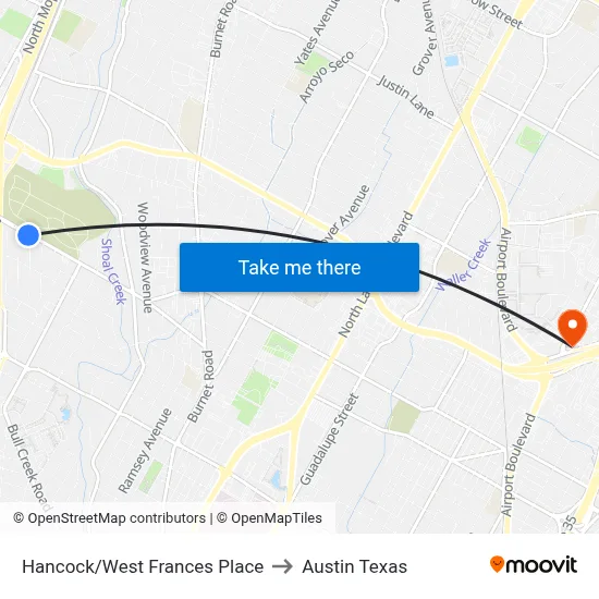 Hancock/West Frances Place to Austin Texas map