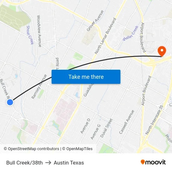 Bull Creek/38th to Austin Texas map