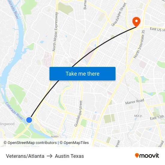 Veterans/Atlanta to Austin Texas map