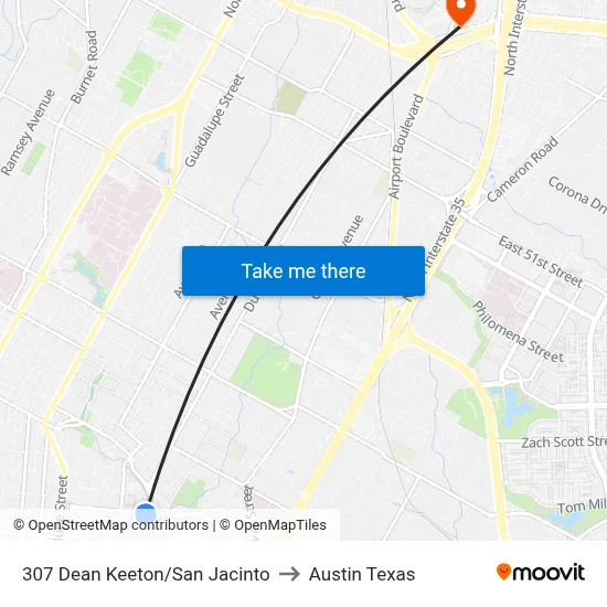 307 Dean Keeton/San Jacinto to Austin Texas map