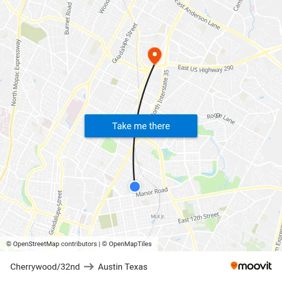Cherrywood/32nd to Austin Texas map