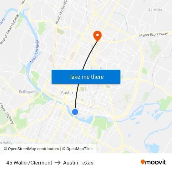 45 Waller/Clermont to Austin Texas map