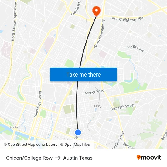 Chicon/College Row to Austin Texas map