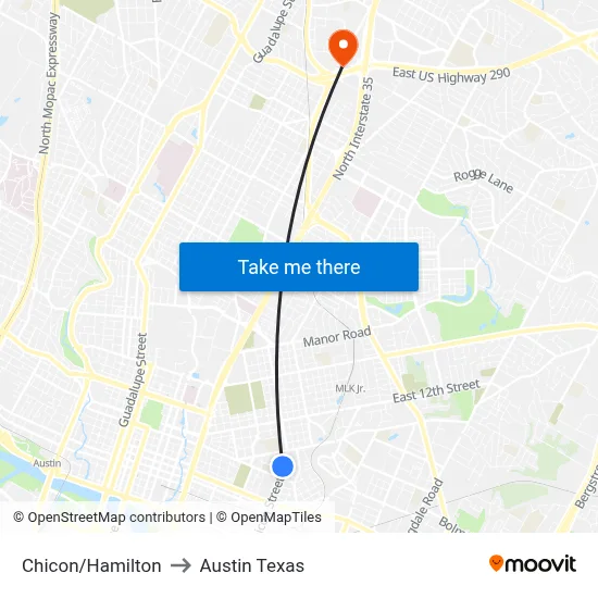Chicon/Hamilton to Austin Texas map