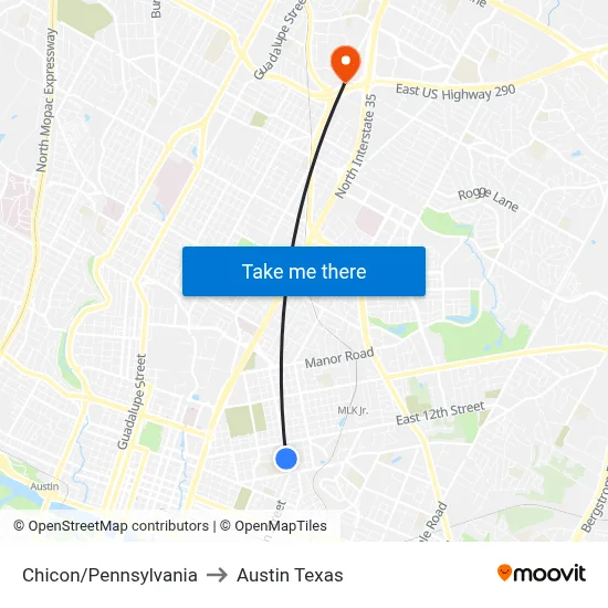 Chicon/Pennsylvania to Austin Texas map