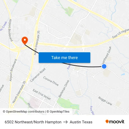 6502 Northeast/North Hampton to Austin Texas map