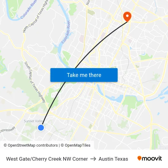 West Gate/Cherry Creek NW Corner to Austin Texas map