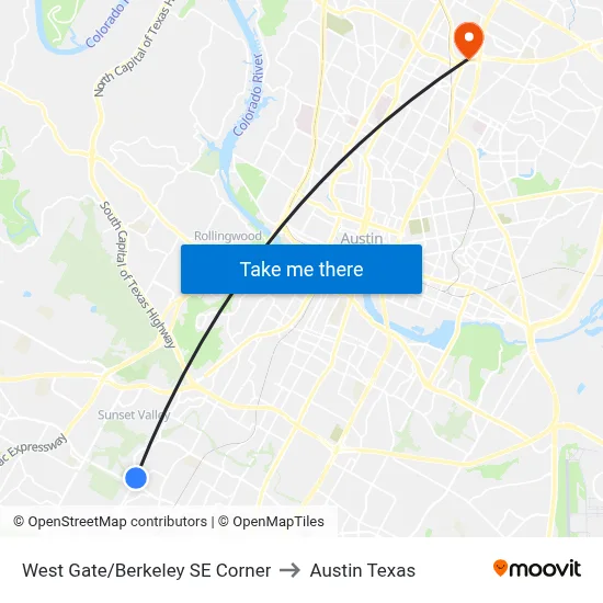 West Gate/Berkeley SE Corner to Austin Texas map