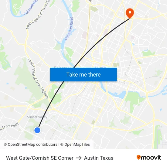 West Gate/Cornish SE Corner to Austin Texas map